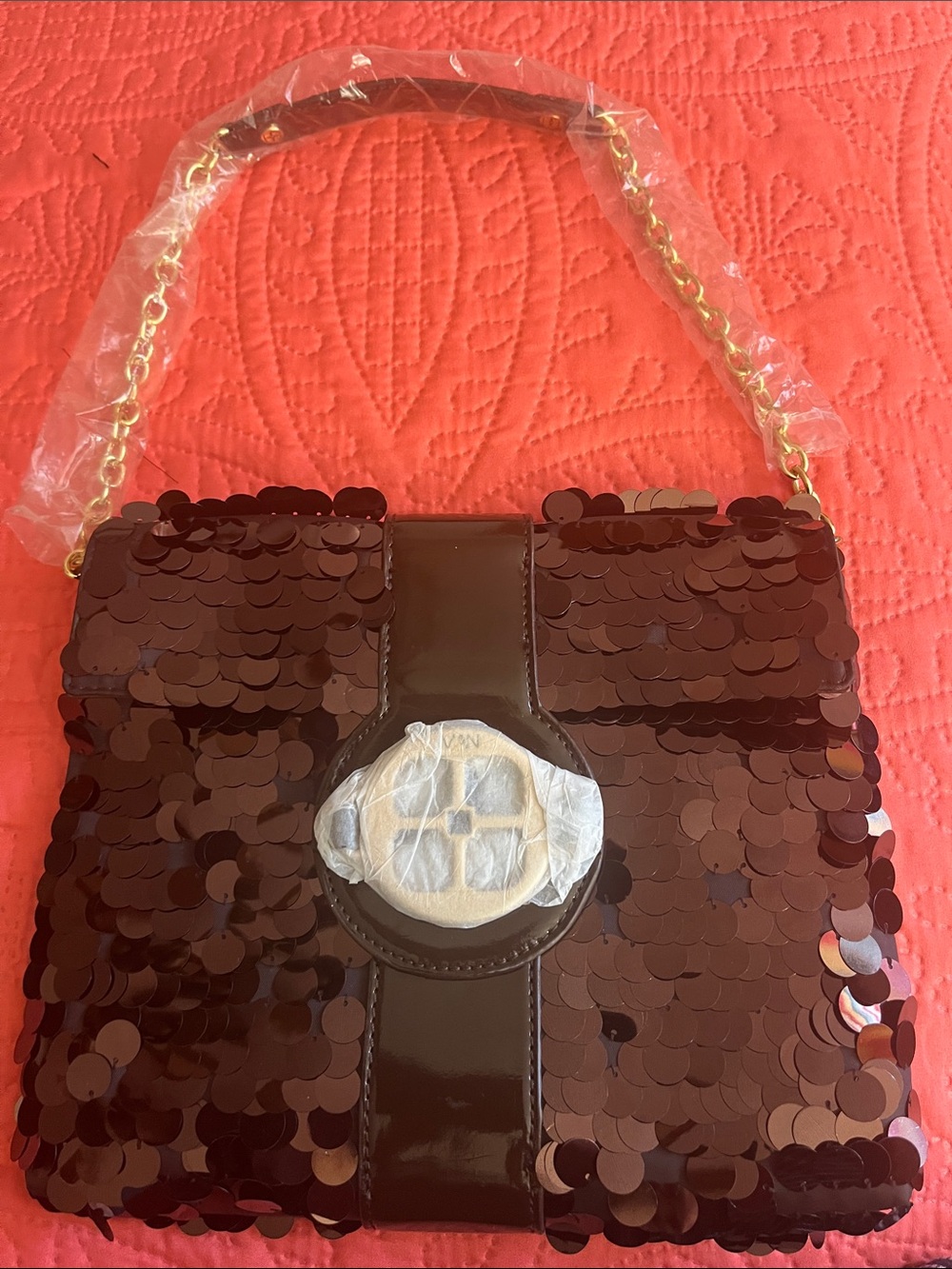 Brown sequin iron handbag